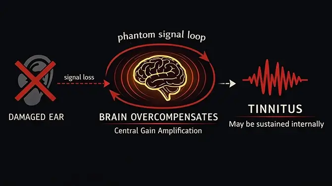 Why tinnitus treatment fails — the phantom signal loop shows the brain generates the ringing, not the ear